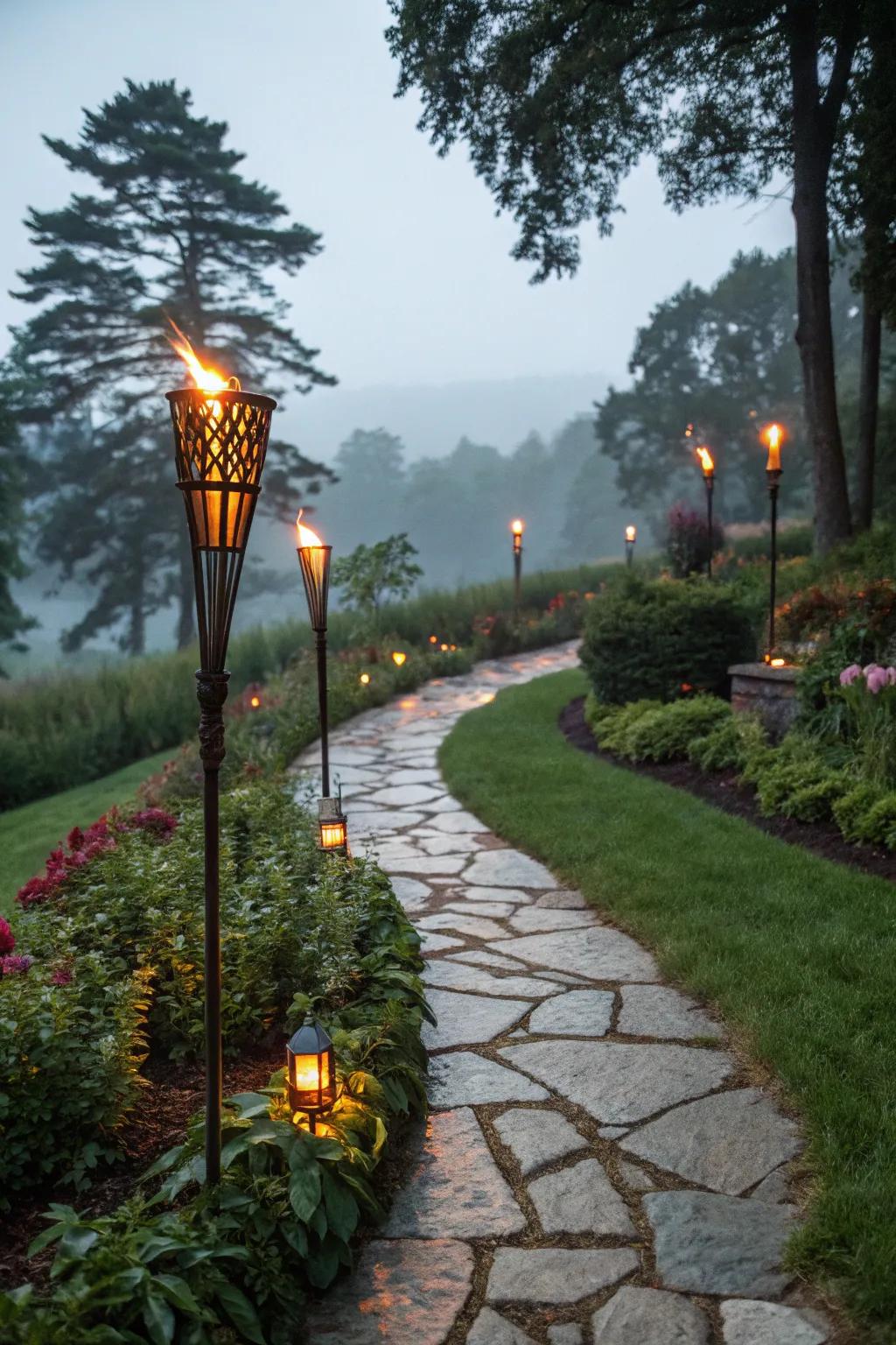 Torches along stone paths enhance both safety and beauty.