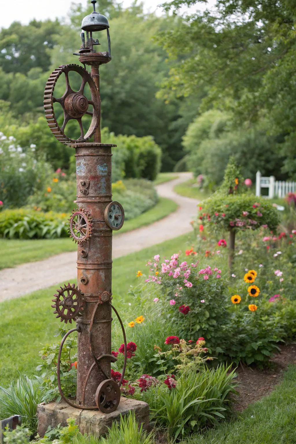 Recycled metal totems bring an edgy, industrial feel to garden decor.