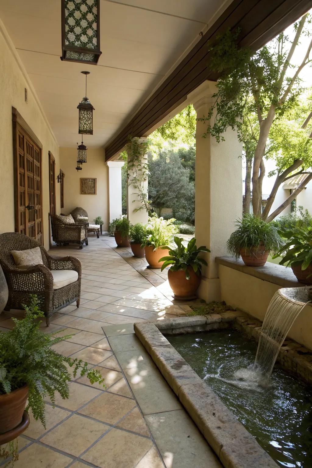 A garden veranda enhanced by a soothing water feature.