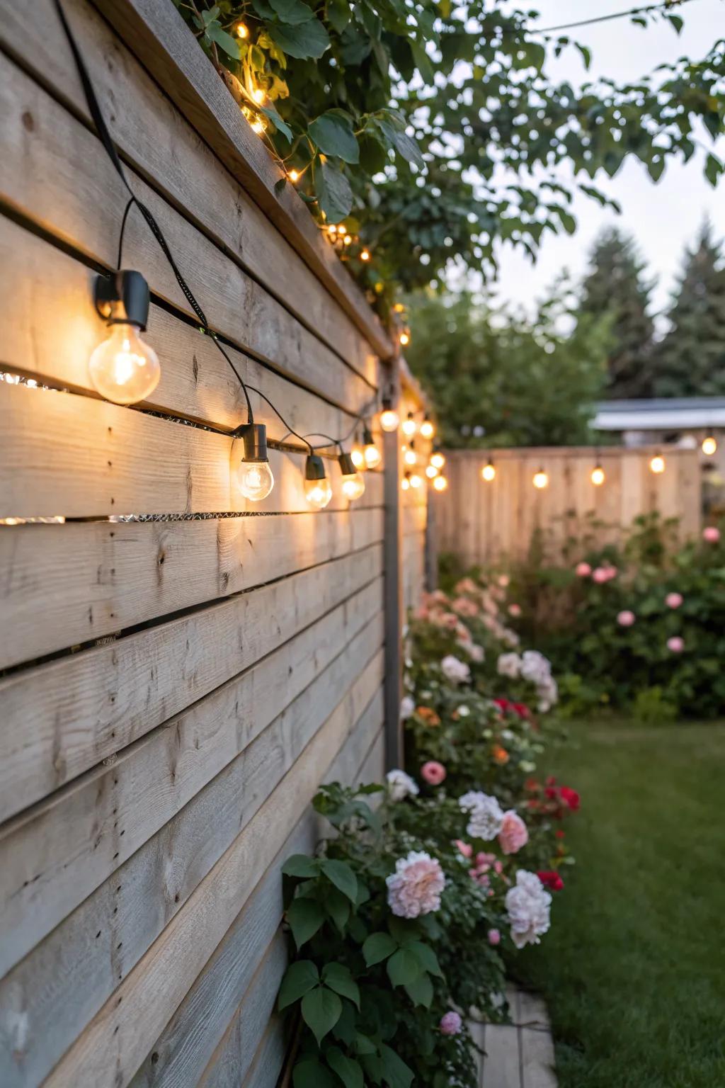 Rustic shiplap paired with lights creates a cozy garden retreat.