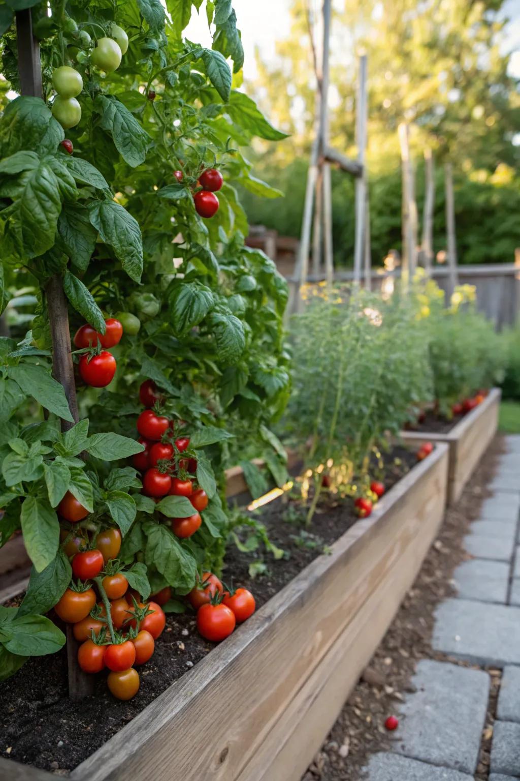 Companion planting with tomatoes and basil for enhanced growth.