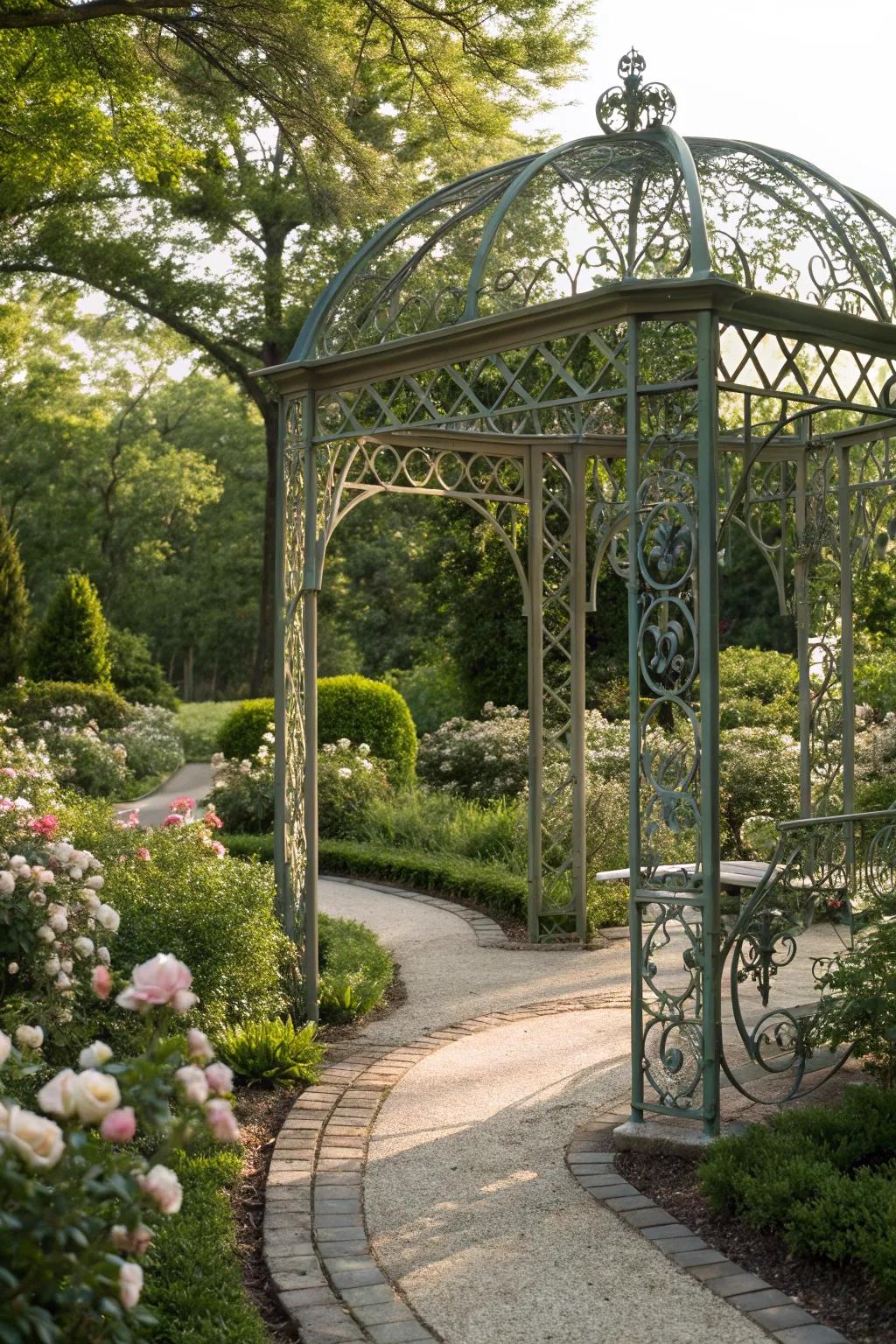 Artistic metalwork arbors offer a unique, personal touch to garden spaces.
