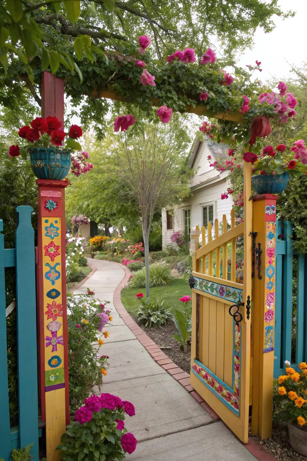 A colorful gate that brings personality and vibrancy to the entrance.