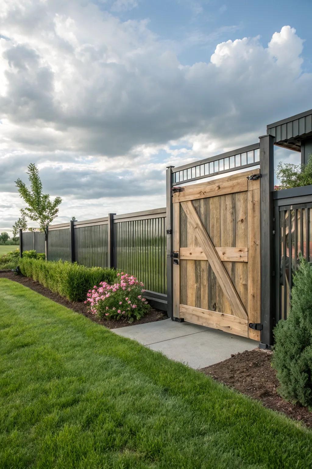A sliding barn door gate combines rustic charm with modern functionality.