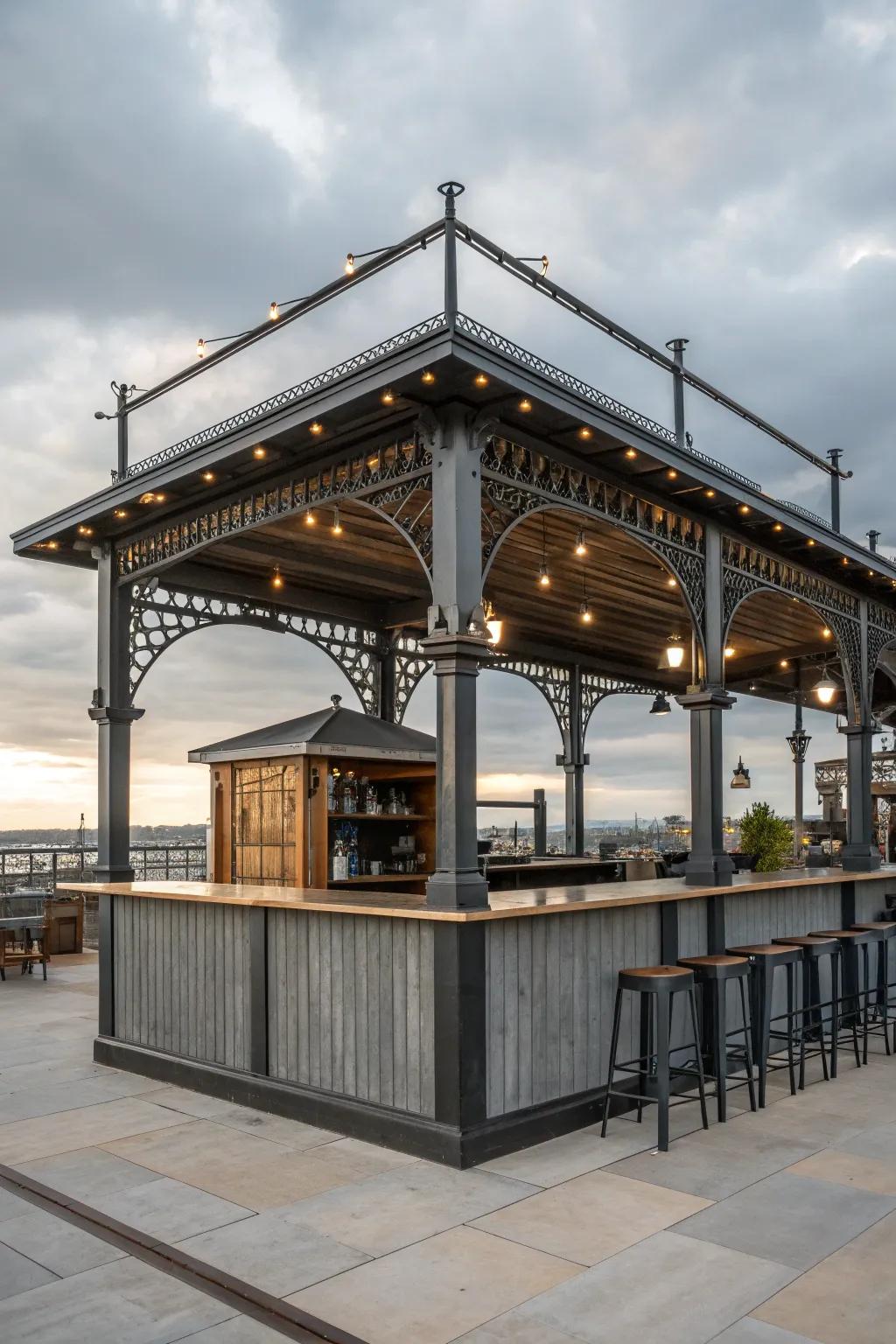 An industrial chic gazebo bar with a trendy urban design.