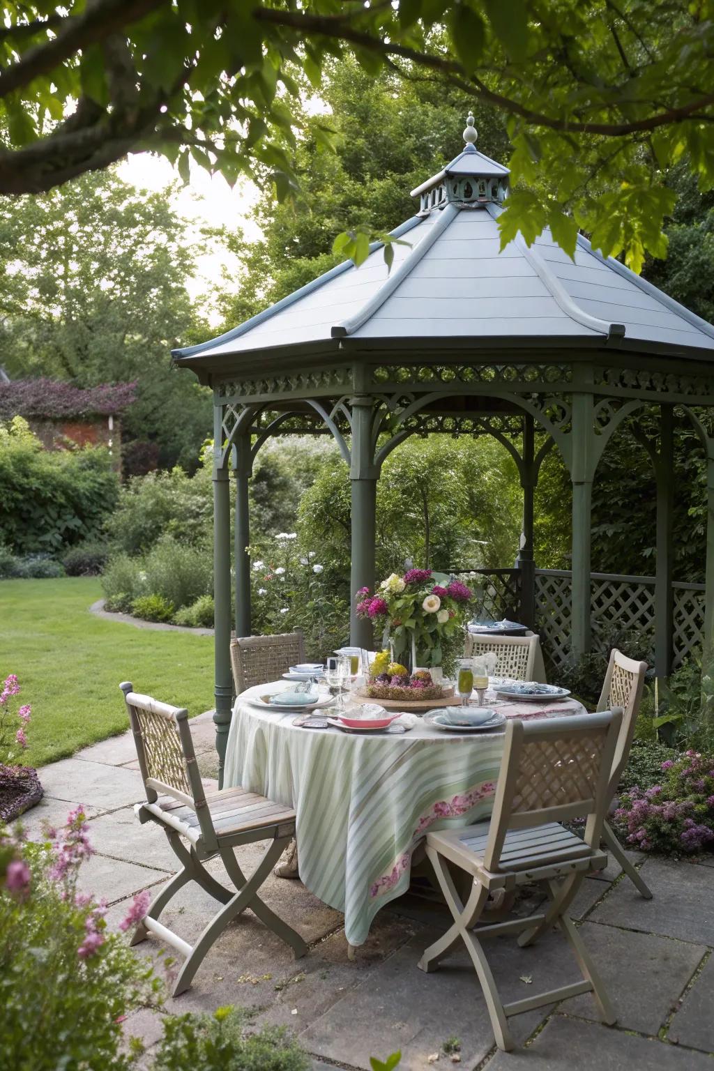 Dine in style with a gazebo transformed into a charming outdoor dining area.