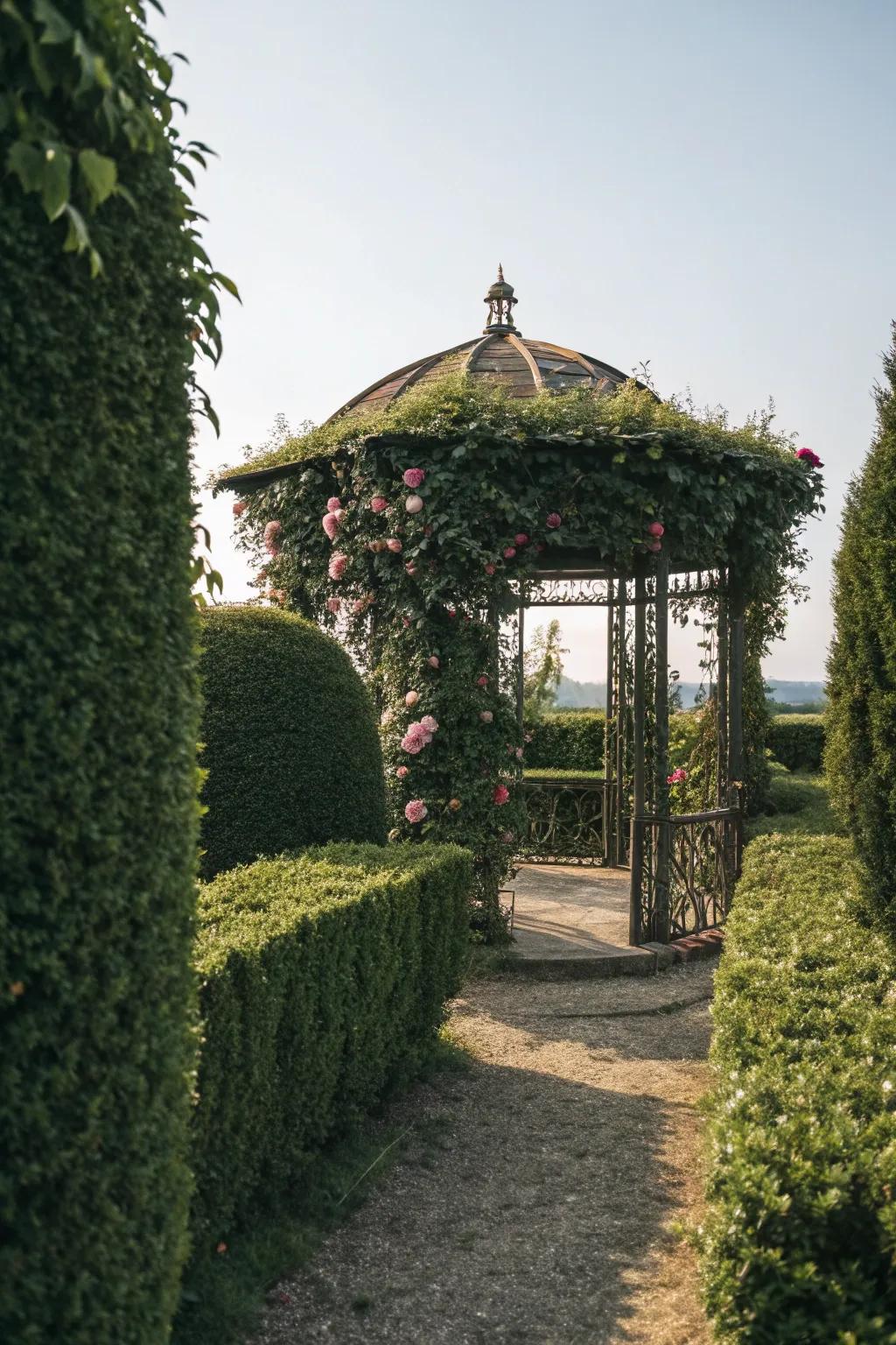 A gazebo cocooned by natural hedges, offering privacy.