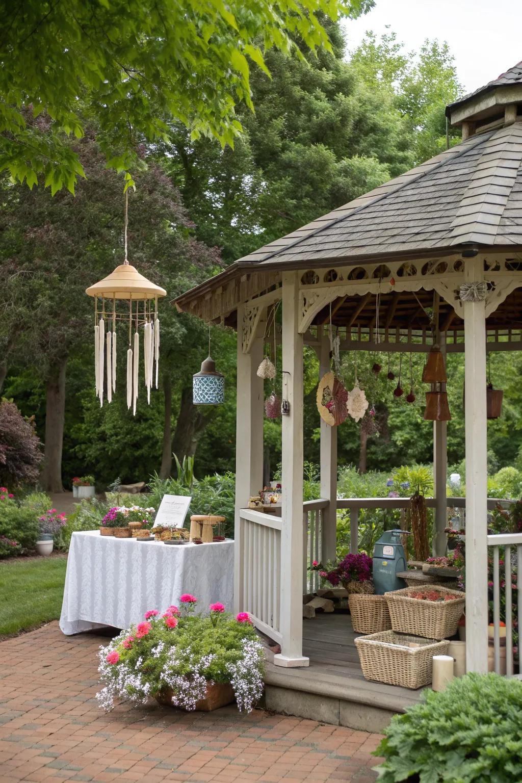 Artistic elements bringing a unique charm to a gazebo setting.