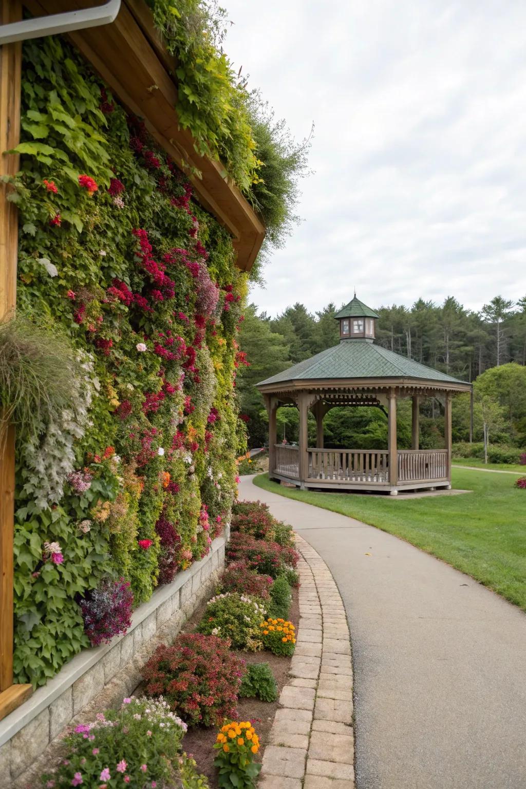 A vibrant vertical garden adds a striking visual to this gazebo.