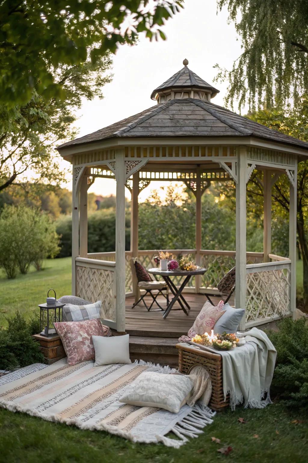 A cozy picnic inside a gazebo, perfect for a relaxed proposal.