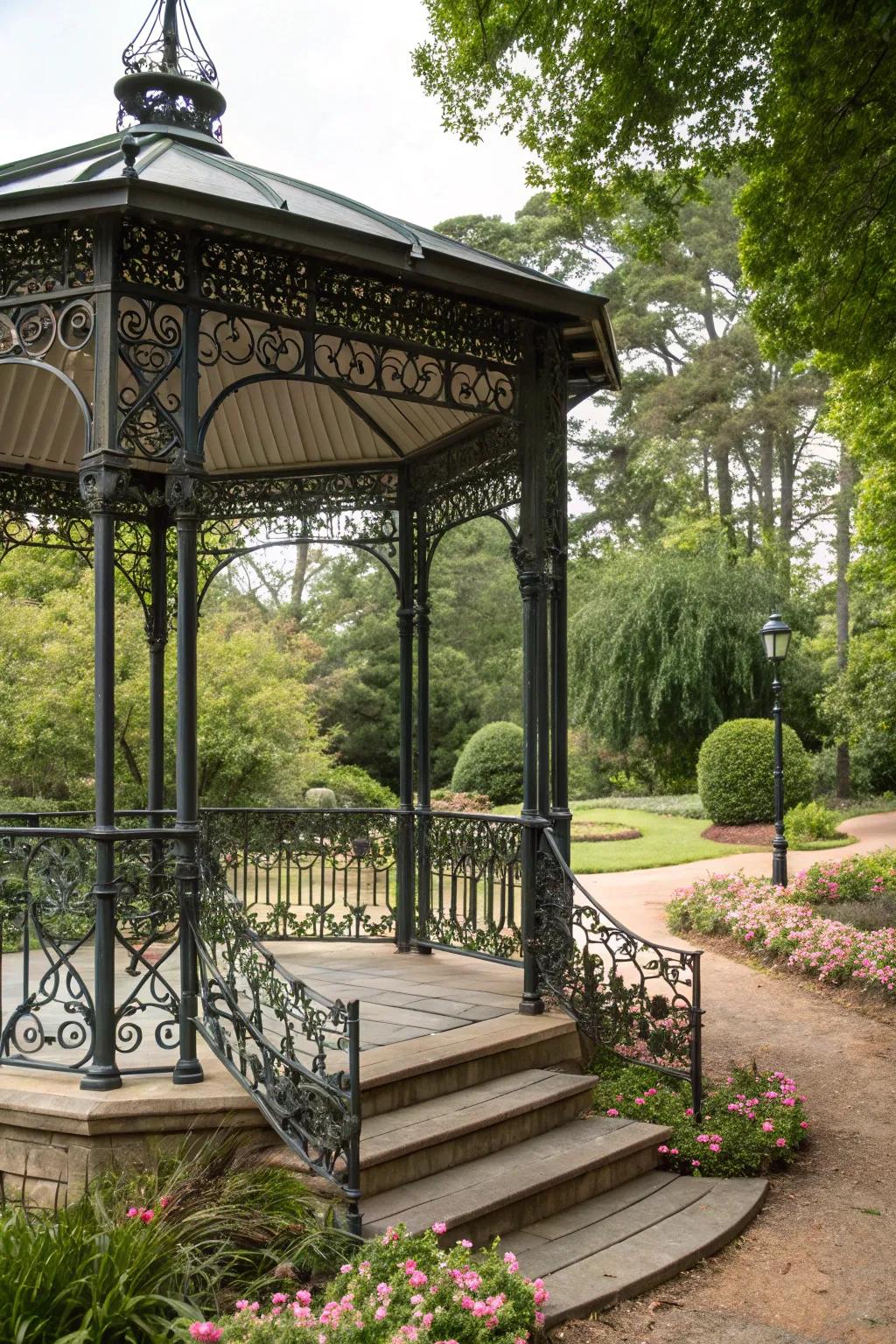 Wrought iron railings add historic and artistic charm.