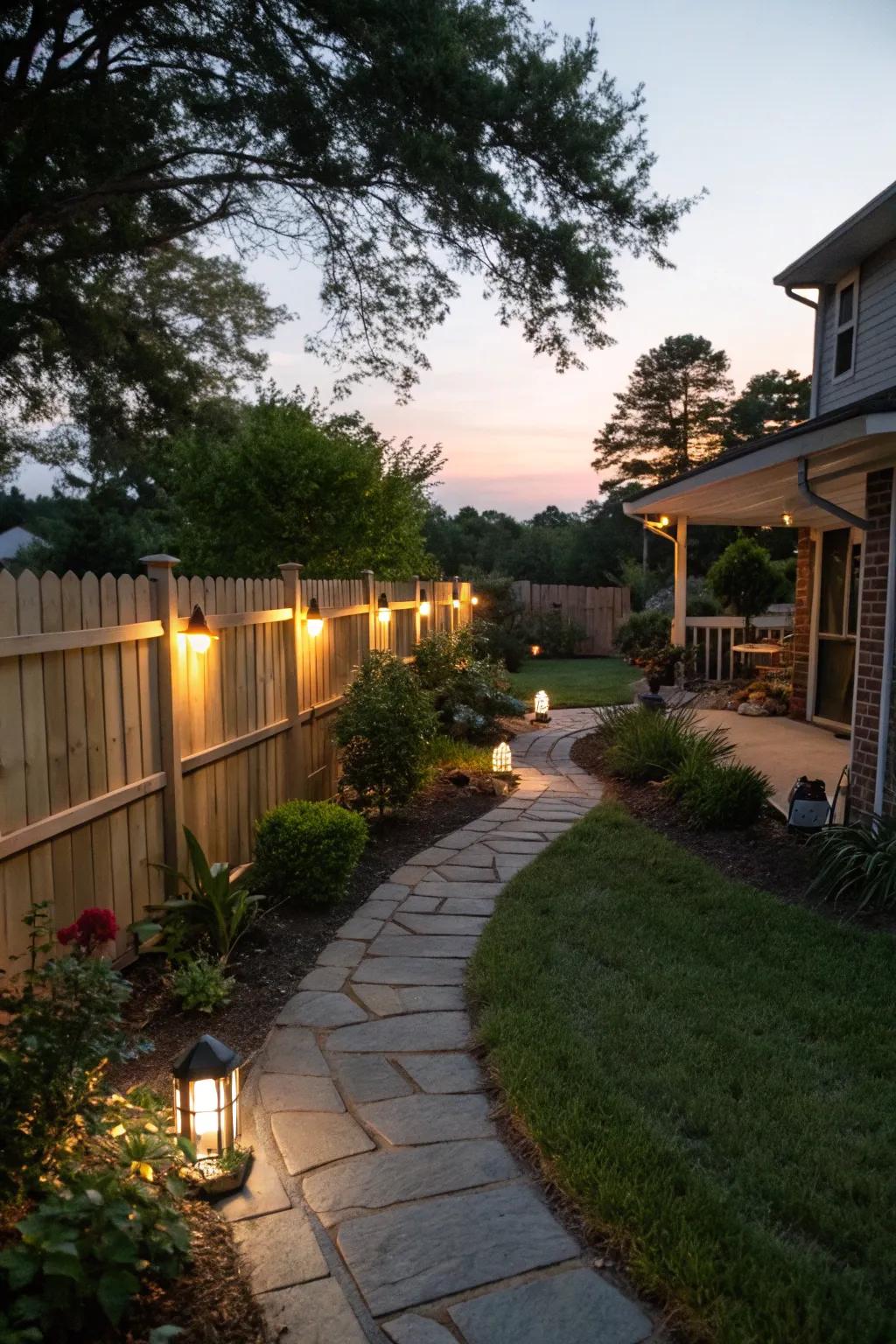 Solar lights create an inviting evening ambiance.