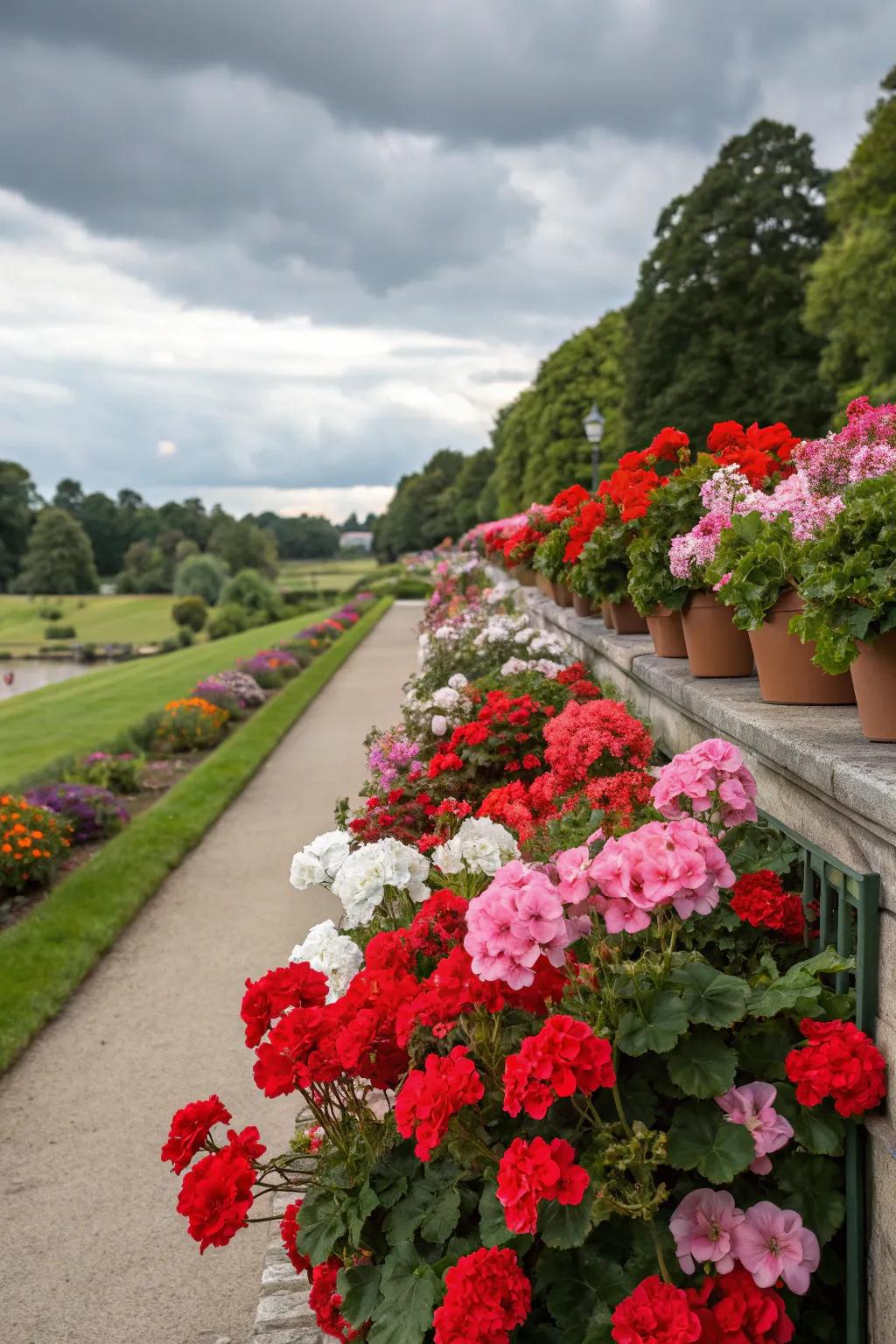 A seasonal display with geraniums that evolves throughout the year.