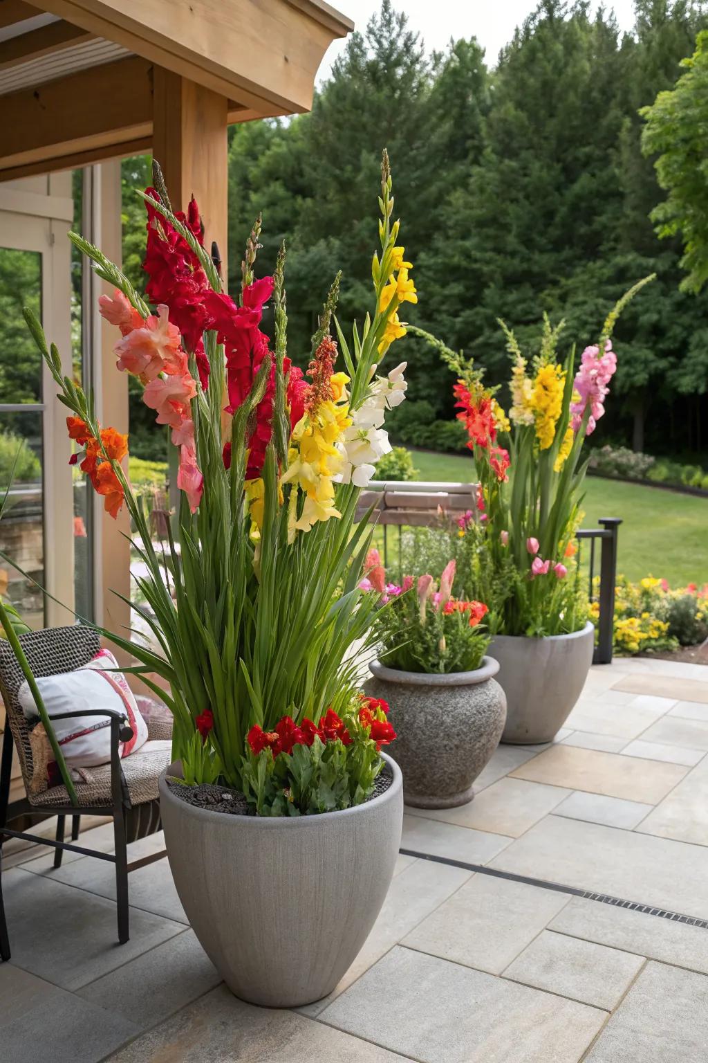Gladiolus in containers bring color to patios and balconies.