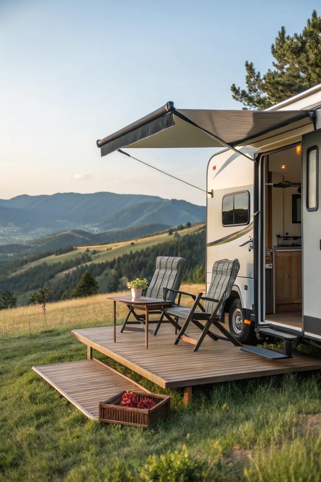 A pull-out deck extending from an RV, perfect for outdoor relaxation