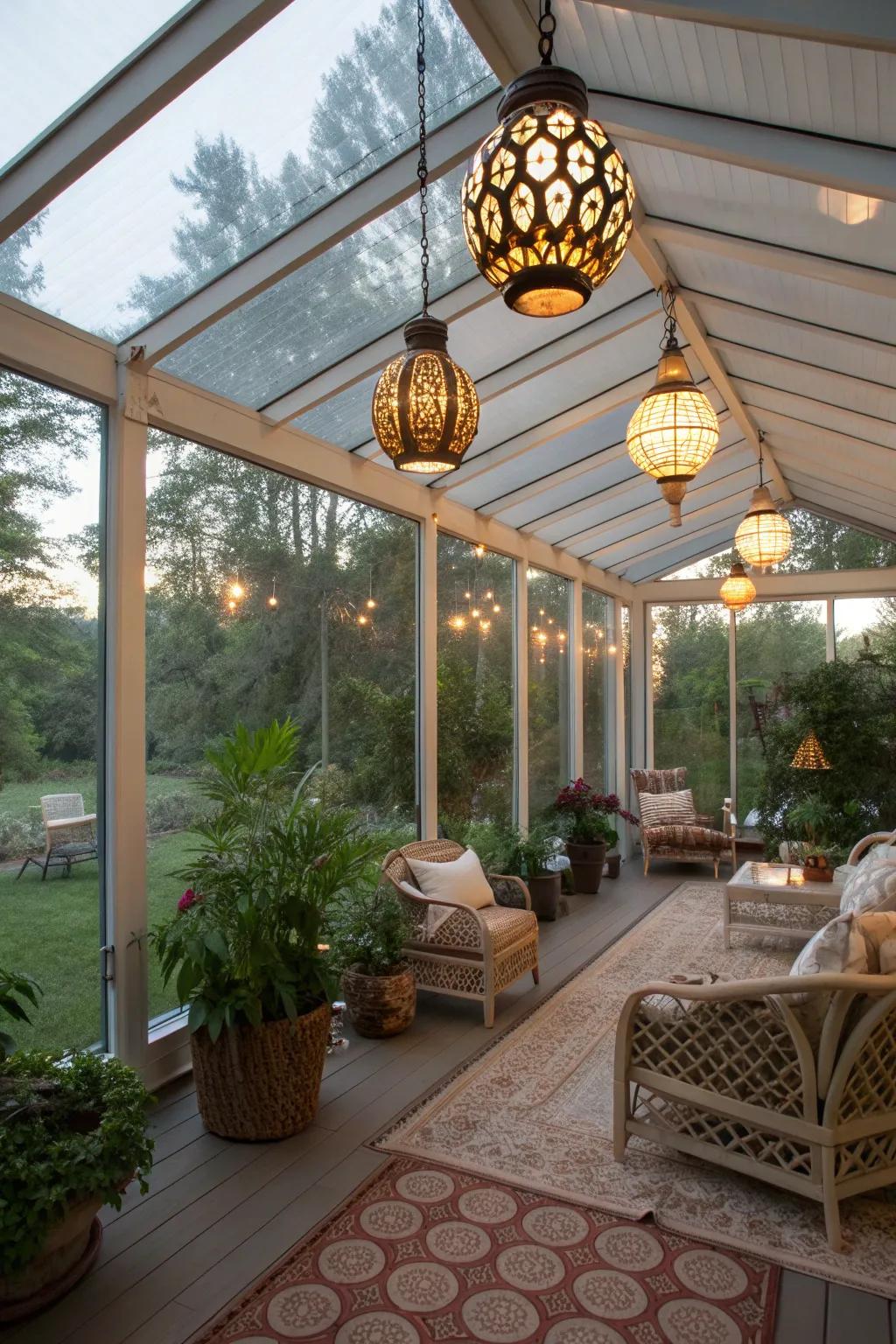 Decorative lighting creates a cozy evening ambiance.