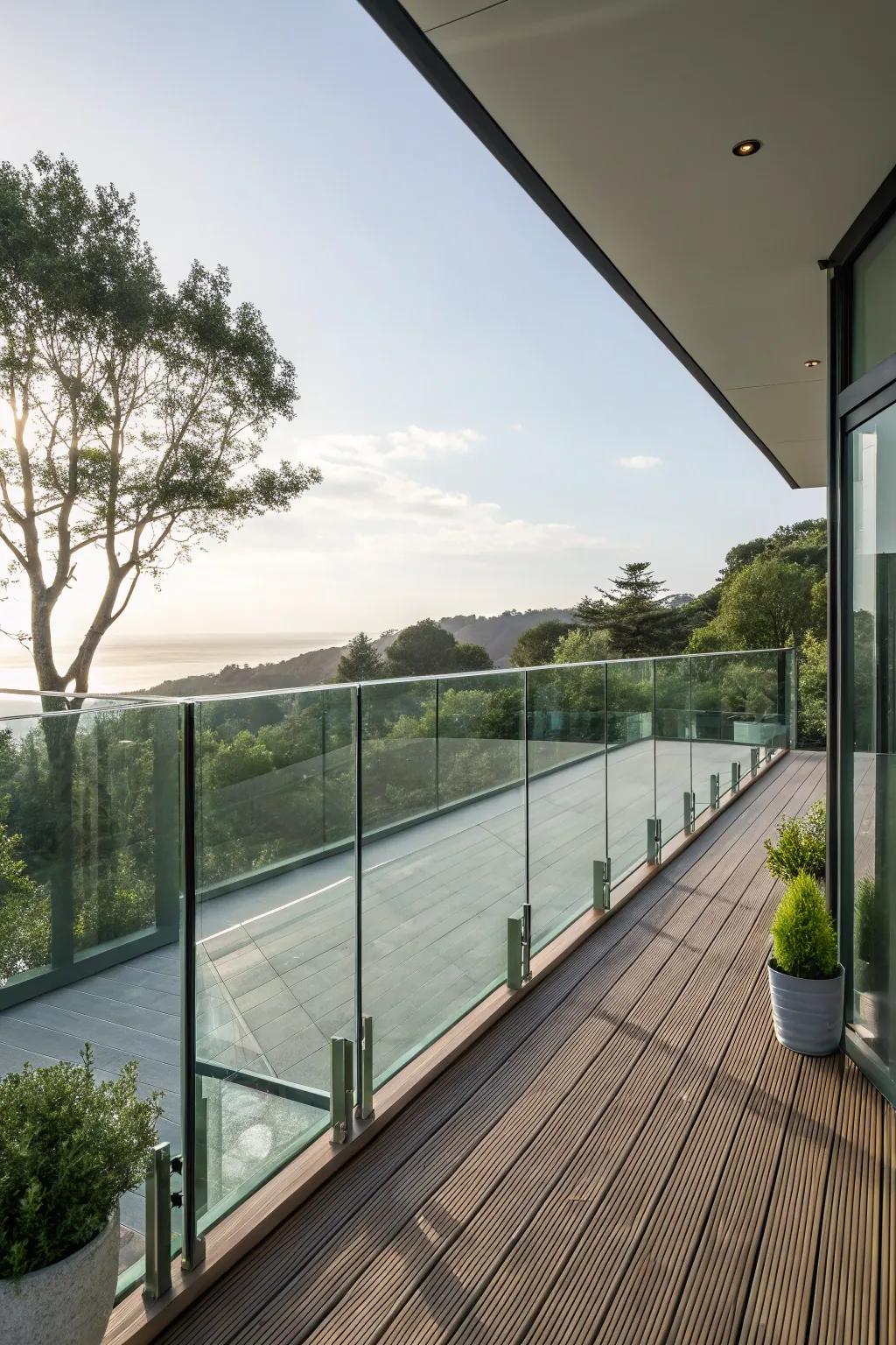 Layered glass railings adding depth and texture to a deck.