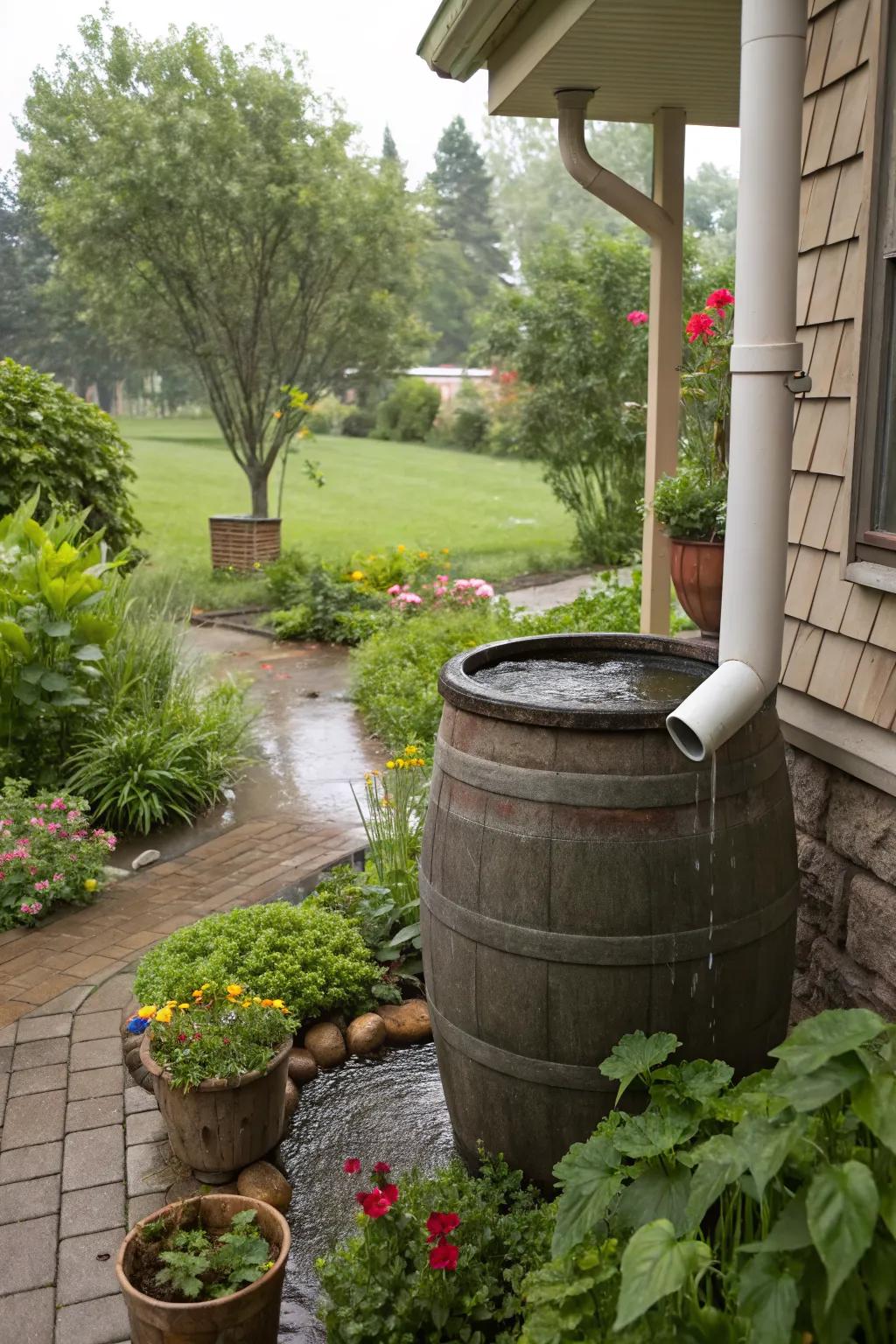 A stately garden urn serving as a rain barrel