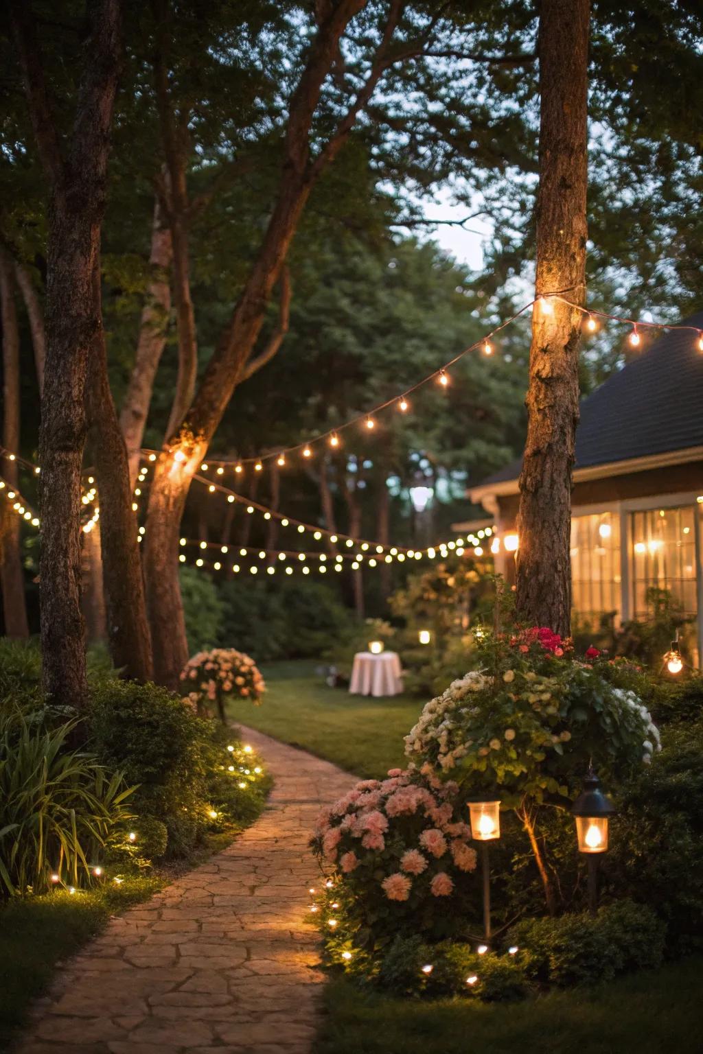 String lights create a magical evening garden ambiance.