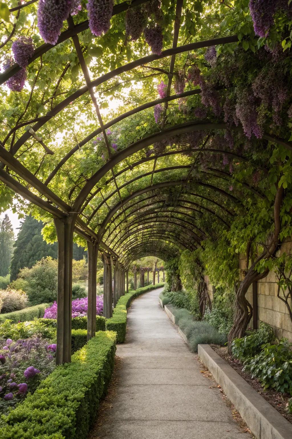 An arched trellis walkway offering a magical garden experience.