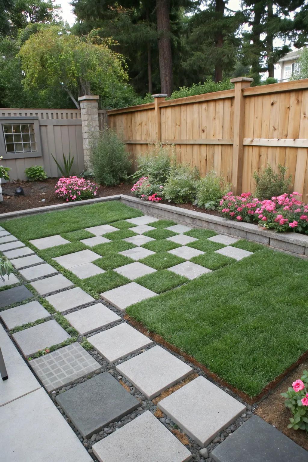Add a playful touch with checkerboard patterns of grass and pavers.