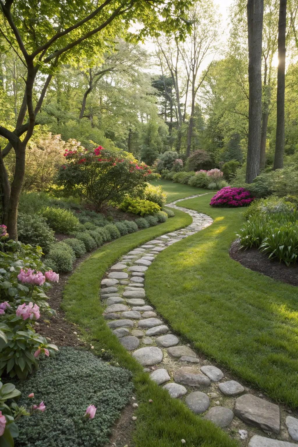 A gracefully curved path in a lush garden.