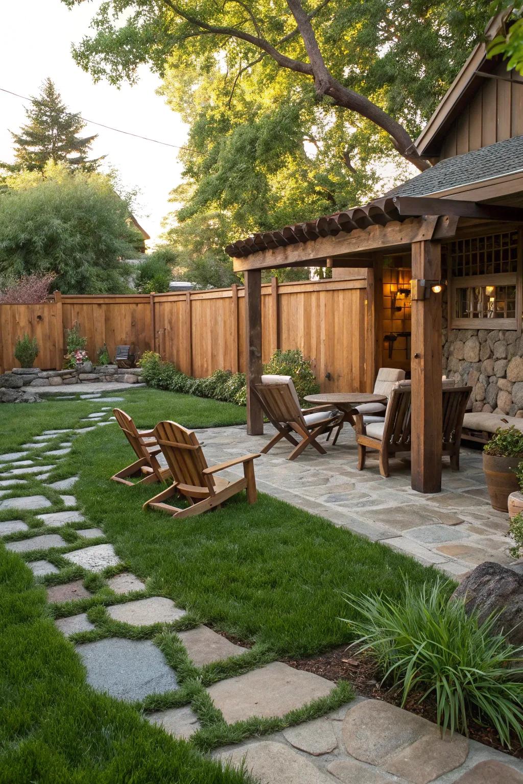 Natural materials blend beautifully with grass for a cohesive look.