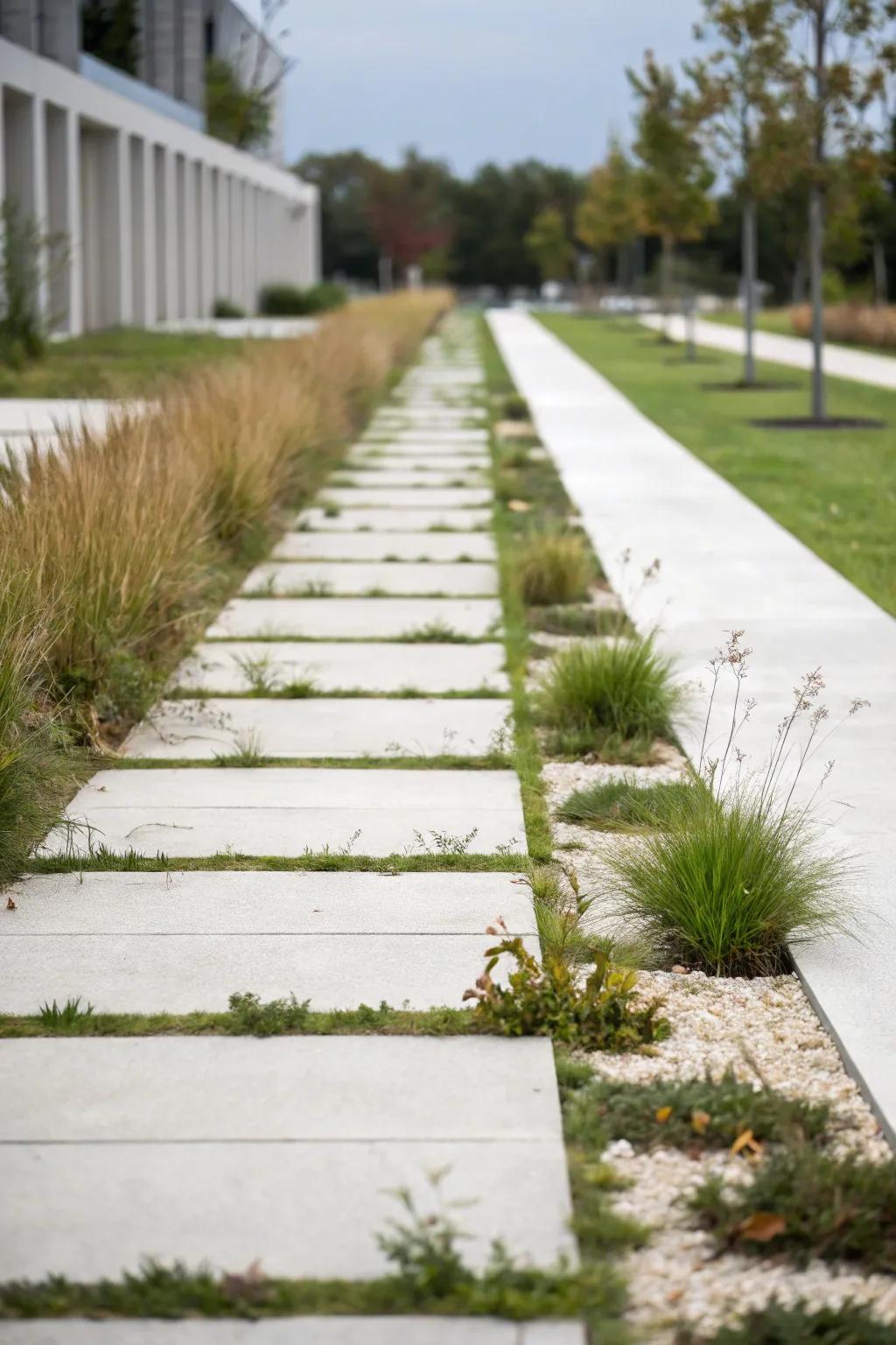 A sleek, minimalist grassy path for modern gardens.
