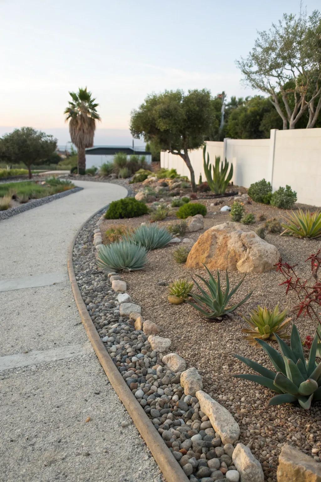 A rock garden beautifully complementing a gravel driveway.