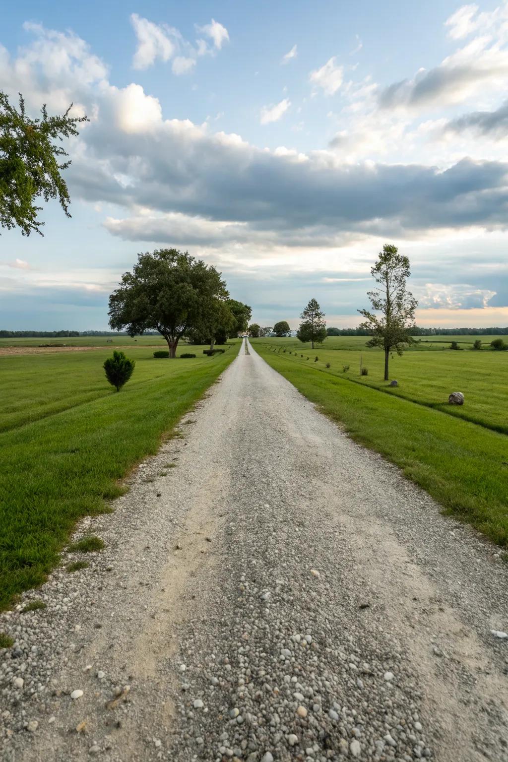 A spacious gravel driveway leading into a large yard.