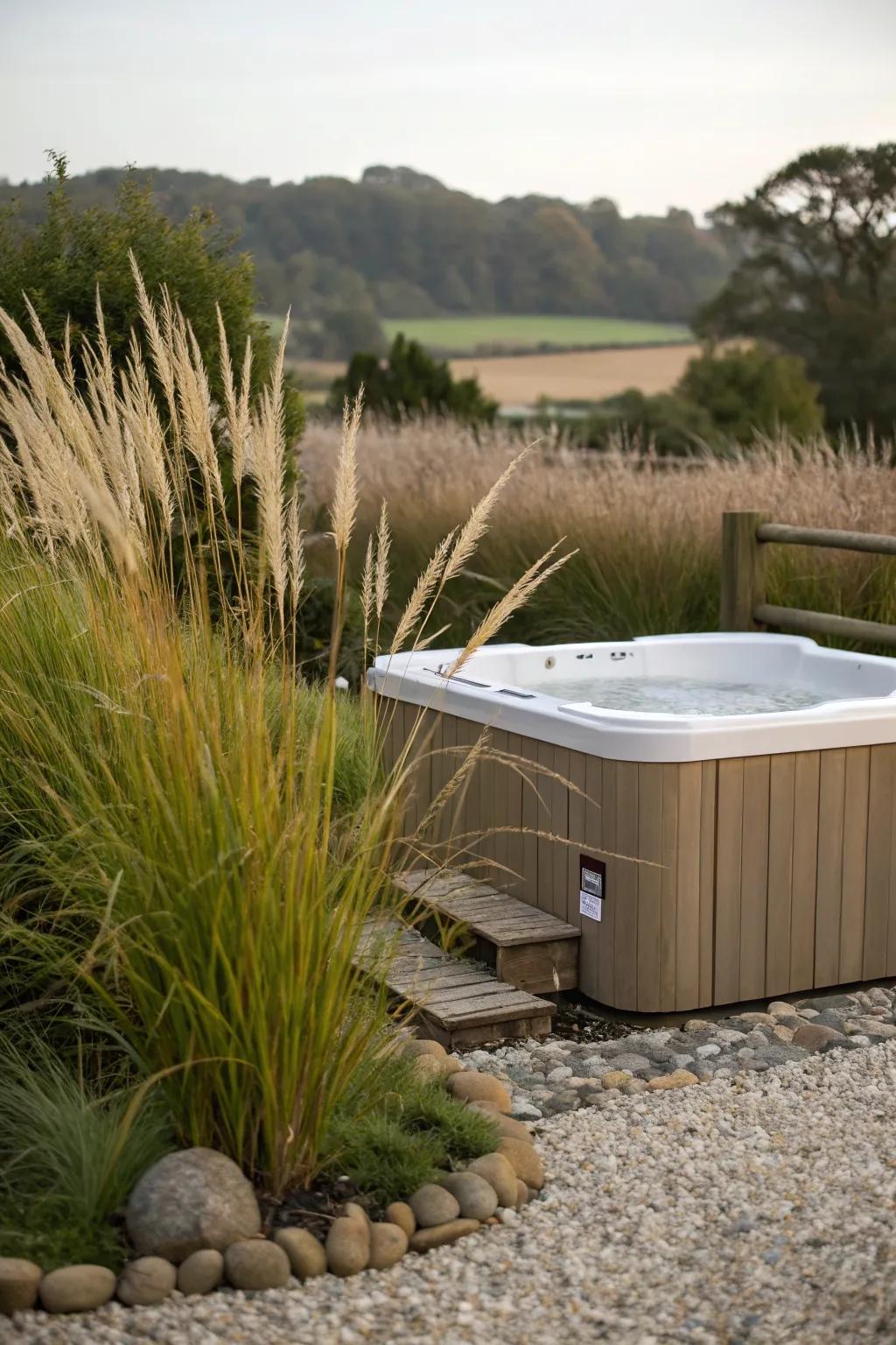 Tall grasses offer natural privacy and add greenery.