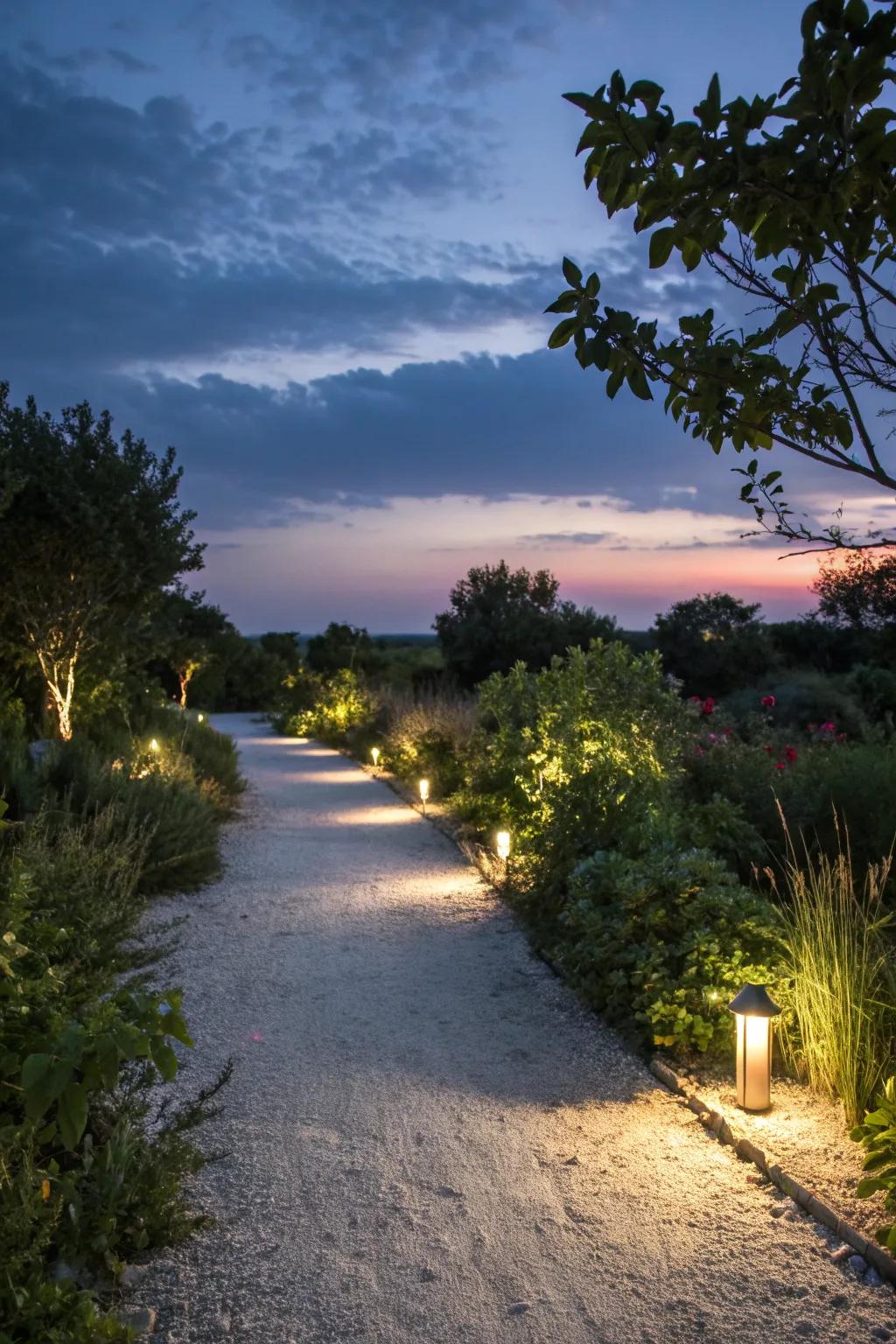 Gravel path aglow with solar lights in the evening.