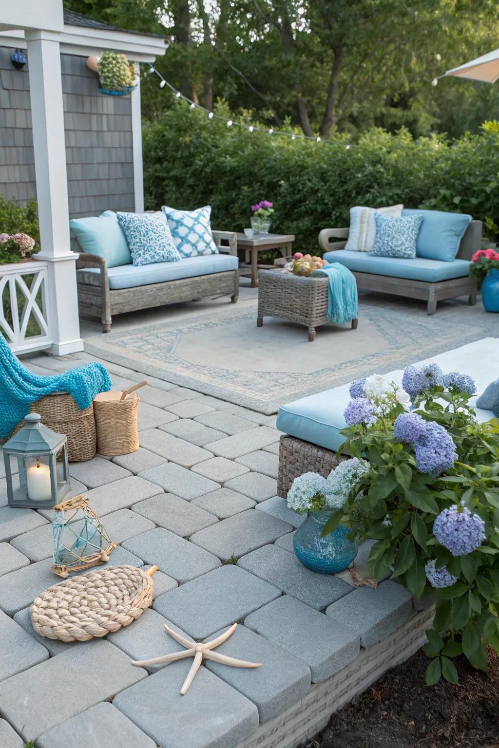 Light tones and blue accents create a coastal vibe on a gray paver patio.