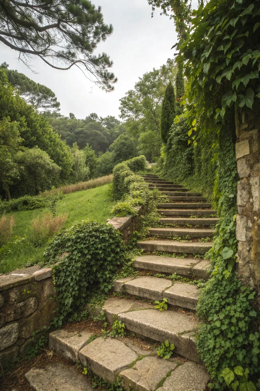 Stone stairs provide natural elegance and function in multi-level gardens.