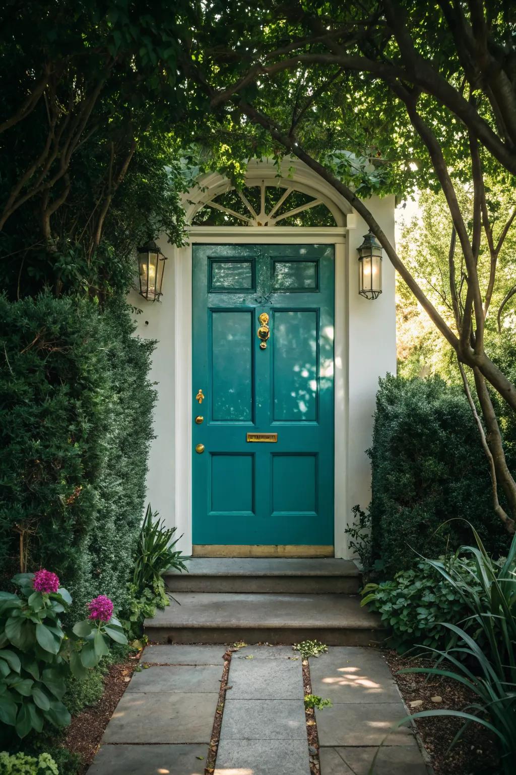 Teal doors combine elegance with a hint of whimsy.