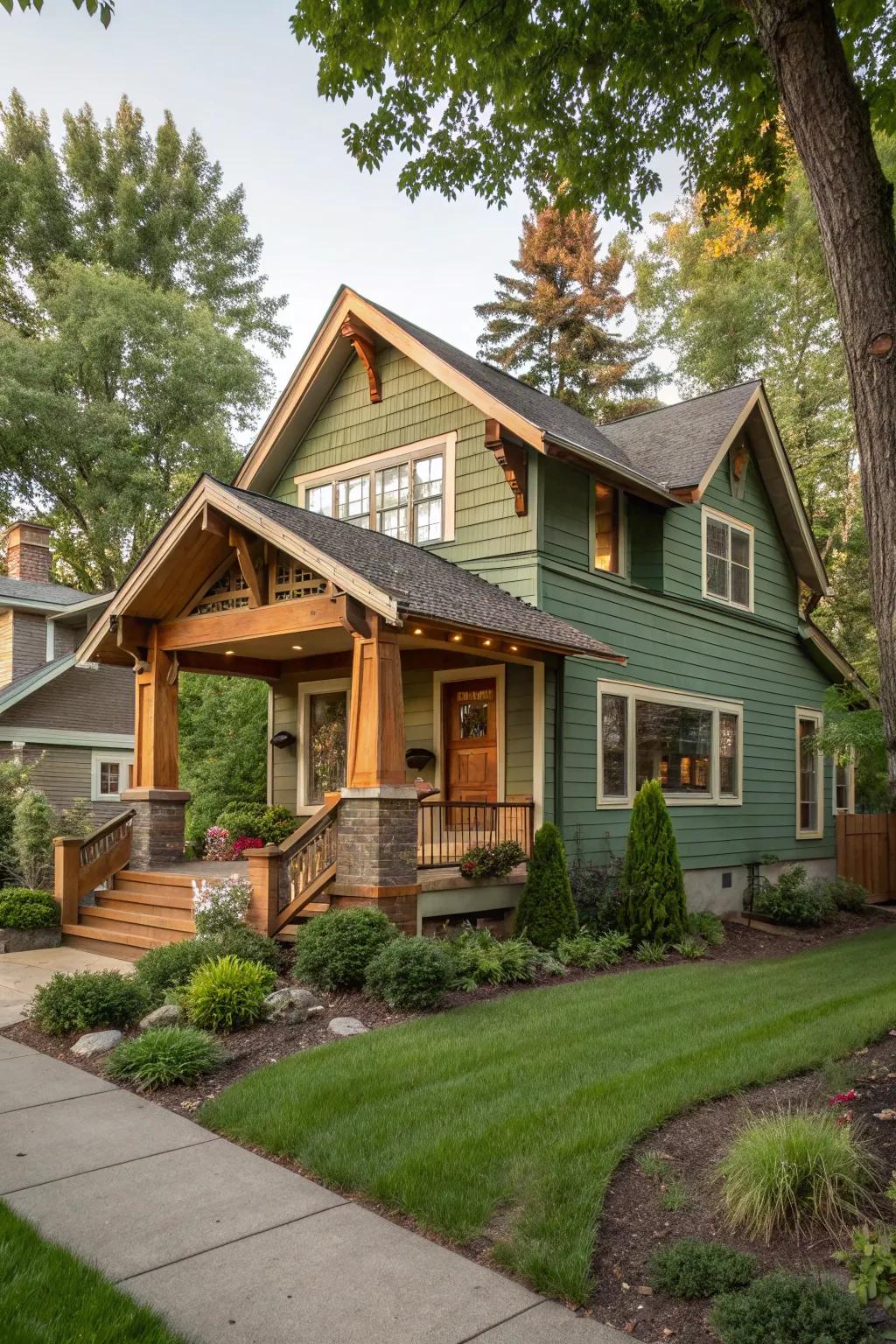 Cottage green exteriors create a cozy and inviting atmosphere.