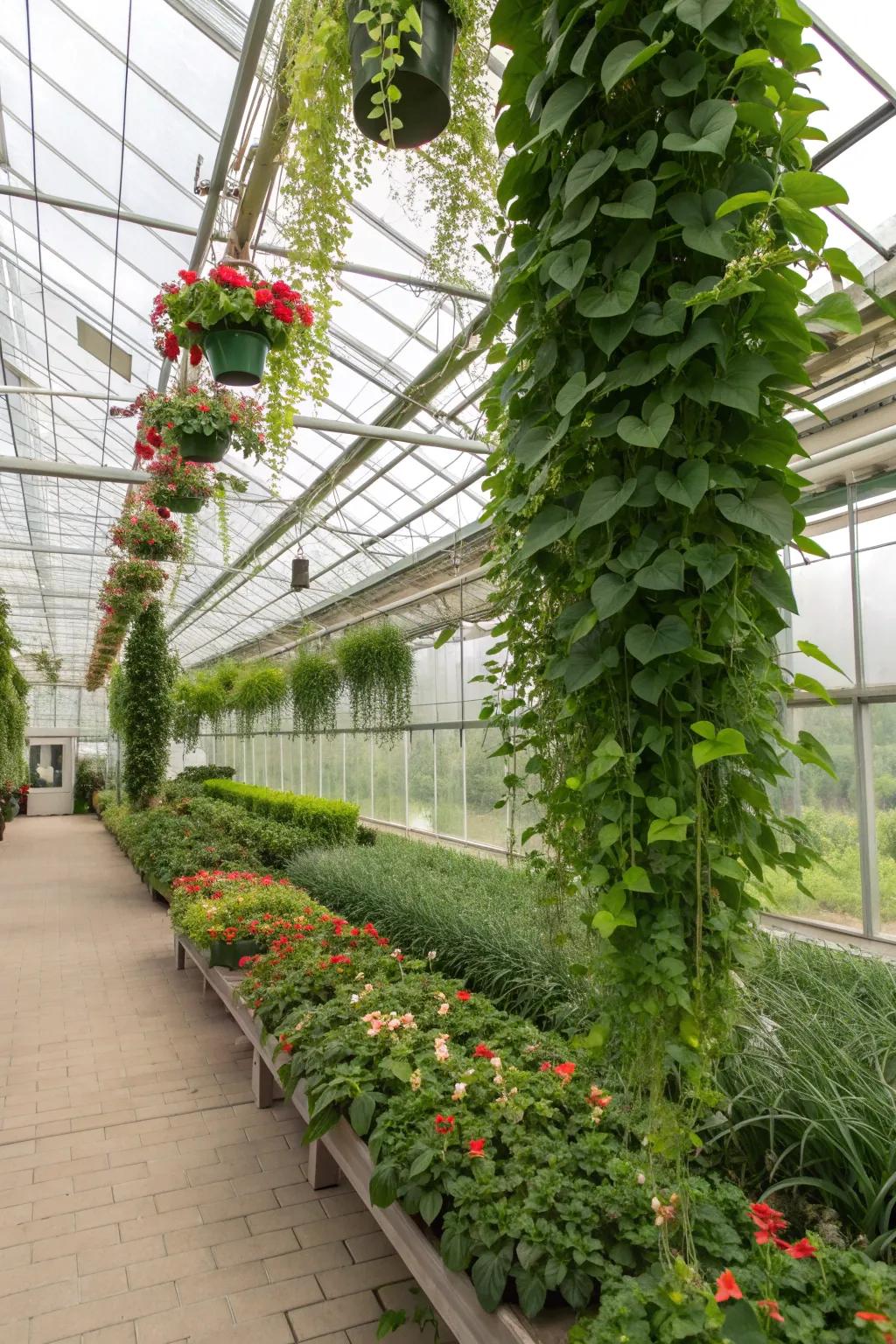 A hanging garden adds depth and intrigue to your greenhouse.