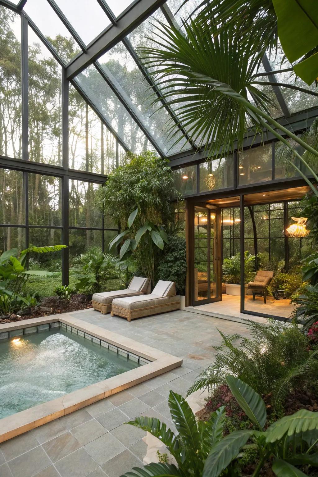 A serene greenhouse connected to a spa area for ultimate relaxation.