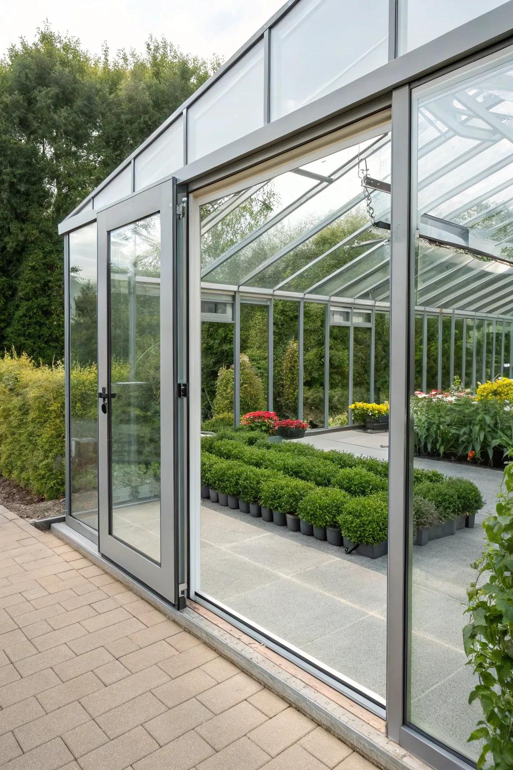 Enjoy the convenience of sliding doors for easy greenhouse access.