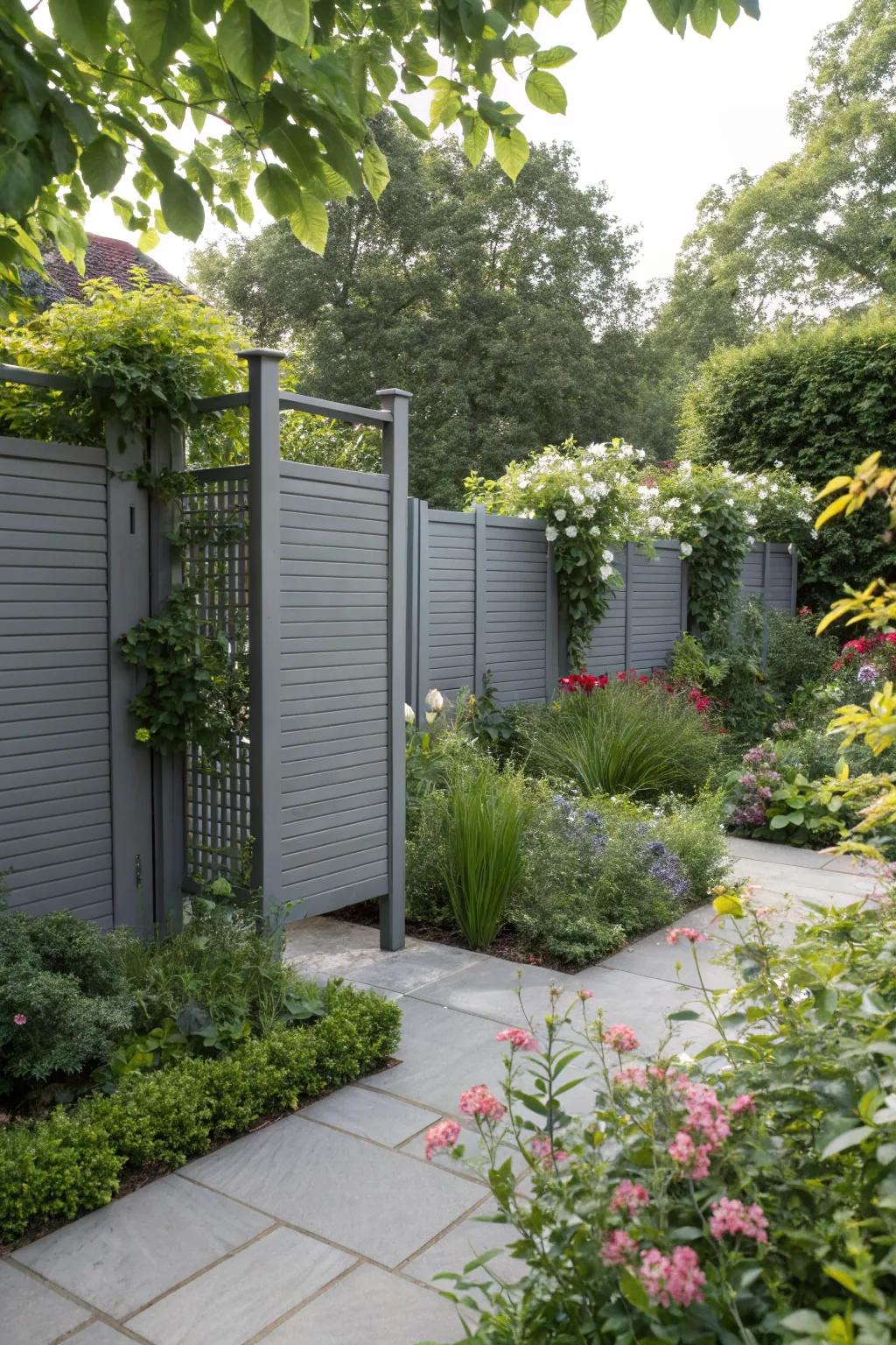 Stylish grey privacy screens enhancing both privacy and aesthetics in the garden.