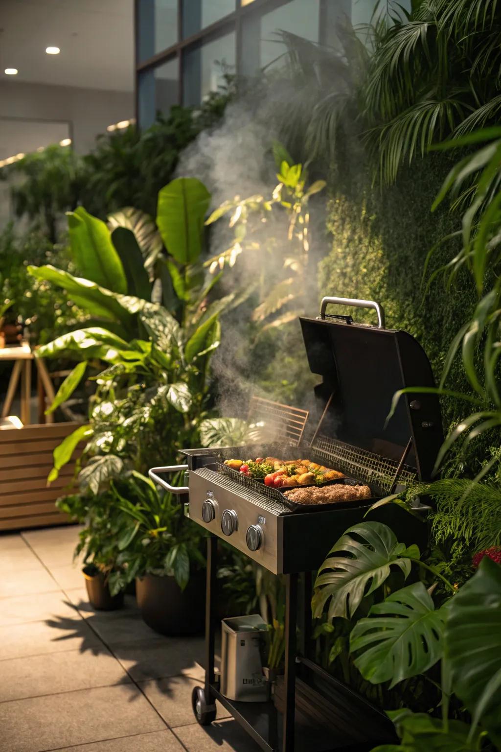 A grill station nestled within a lush plant oasis.