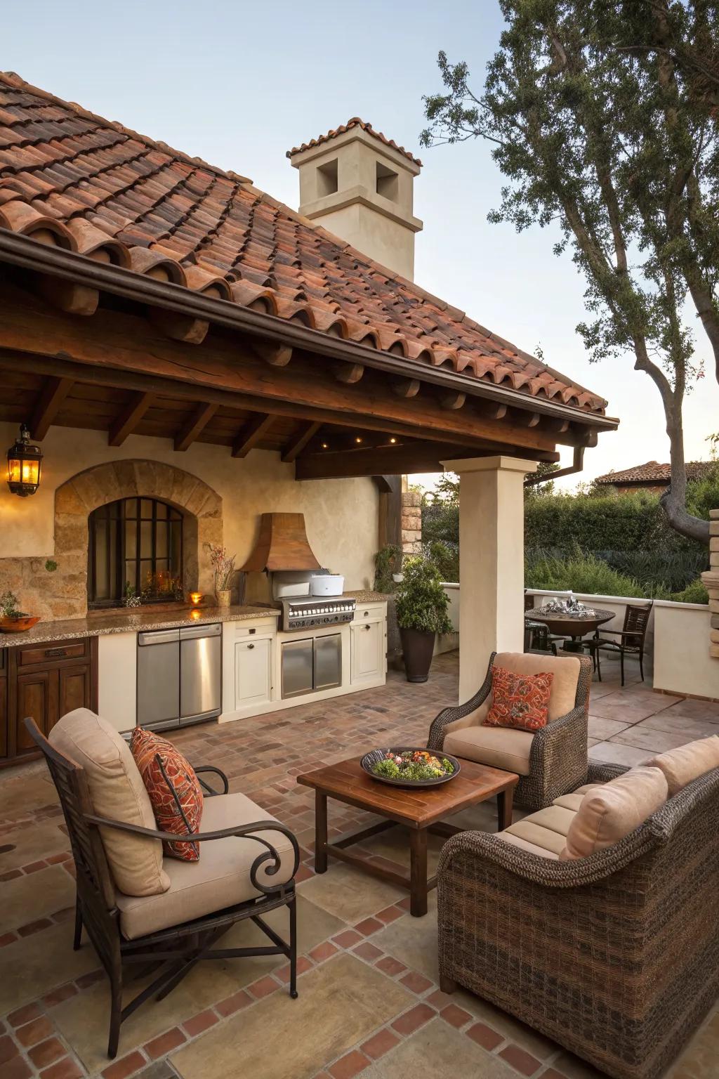 A Mediterranean tile roof adds warmth and charm to your grill space.