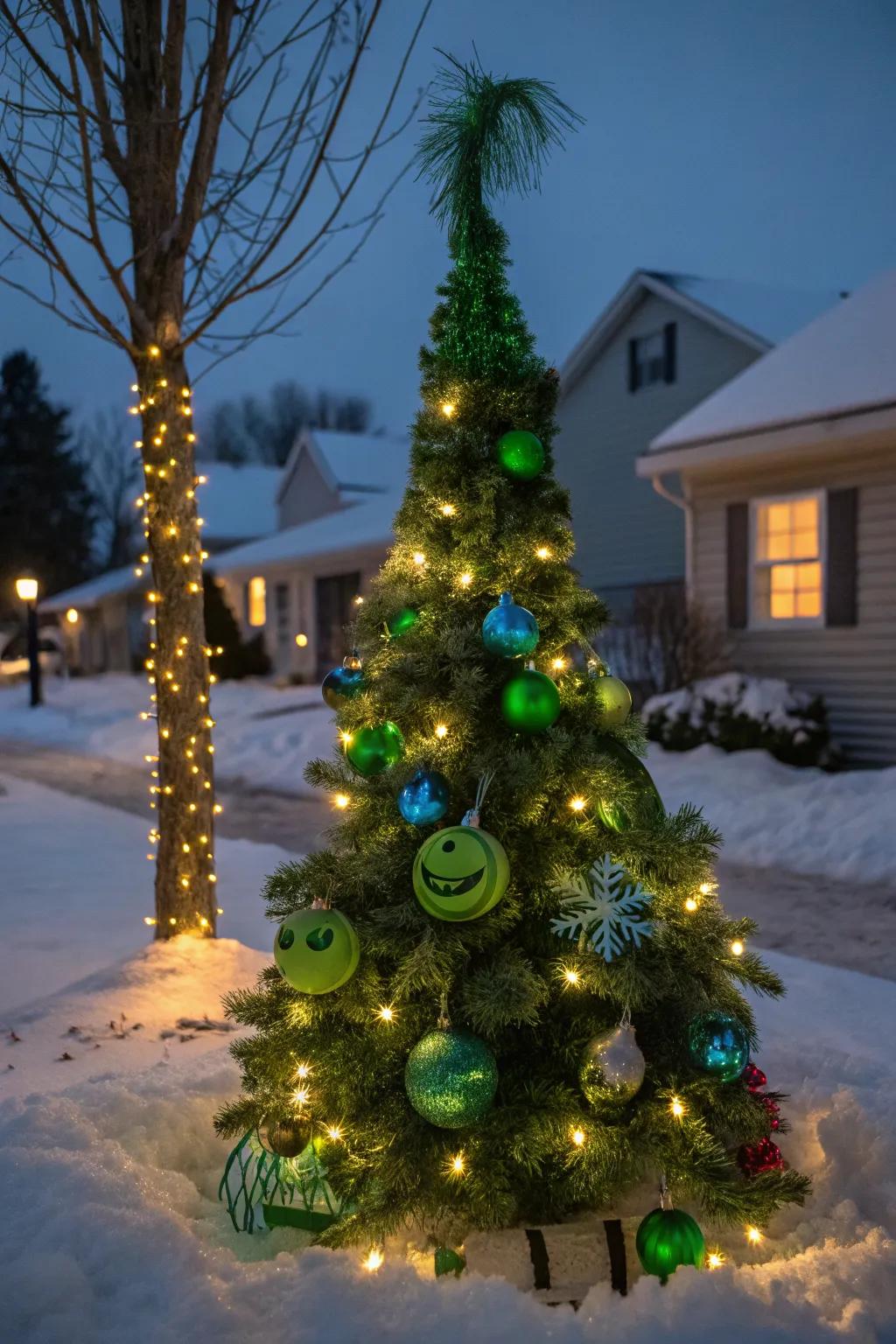 A Grinch-themed Christmas tree acts as a vibrant centerpiece.