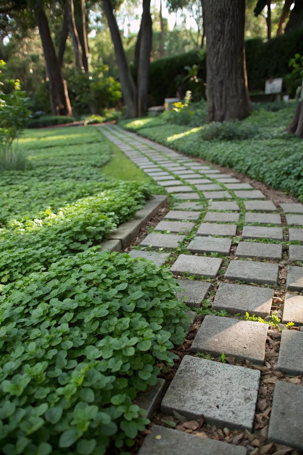 Corsican mint provides a fragrant, lush ground cover for pathways.