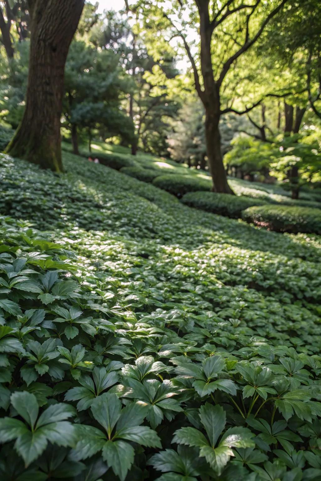 Garden area densely covered with lush Japanese pachysandra