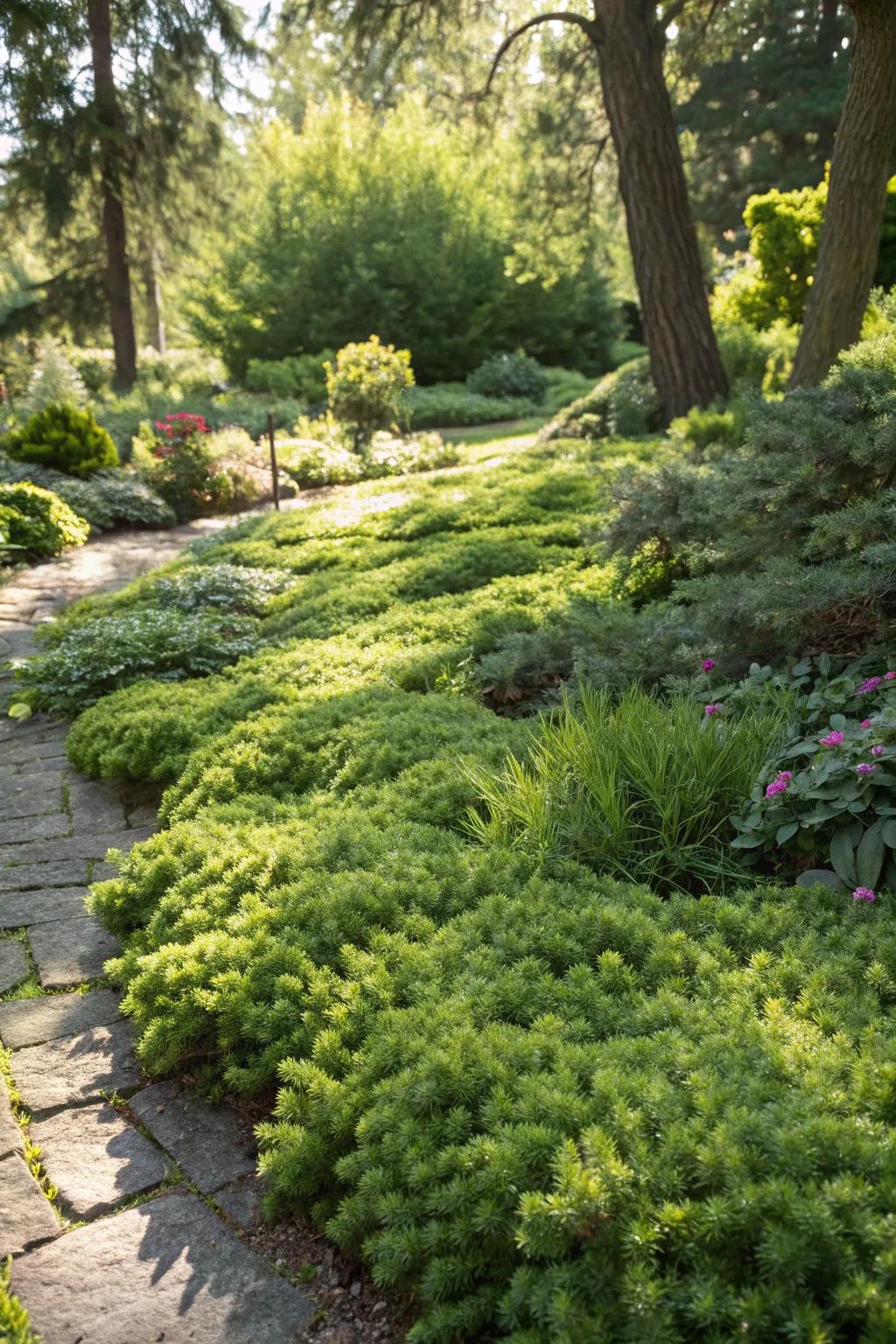 Evergreen creeping juniper providing year-round color and texture.