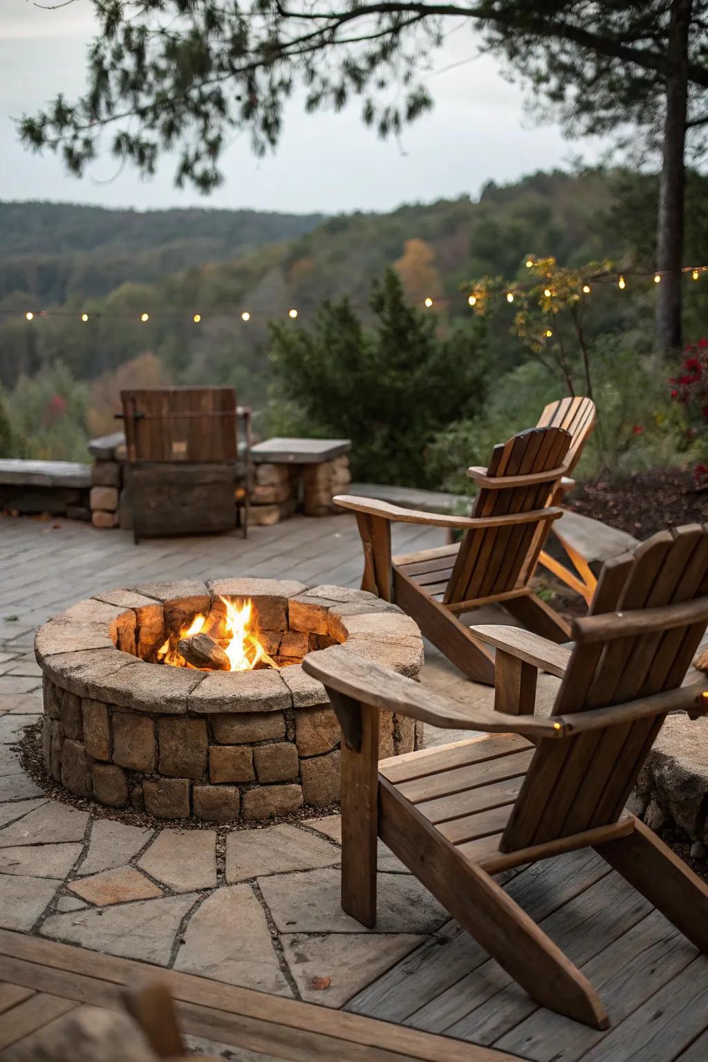 A stone fire pit adds rustic charm to the deck.