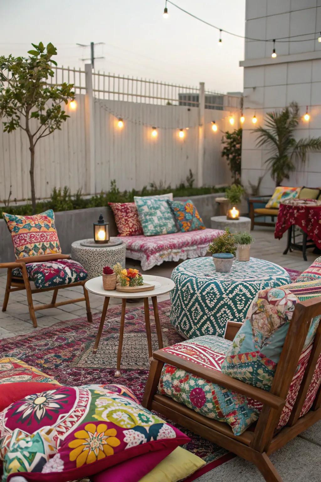 A mix of bold patterns creates a vibrant and eclectic patio.
