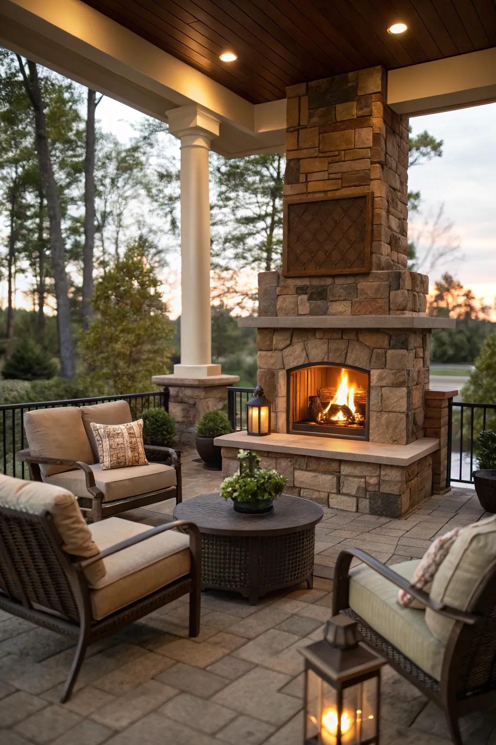 A fireplace adds warmth and serves as a lovely gathering spot.
