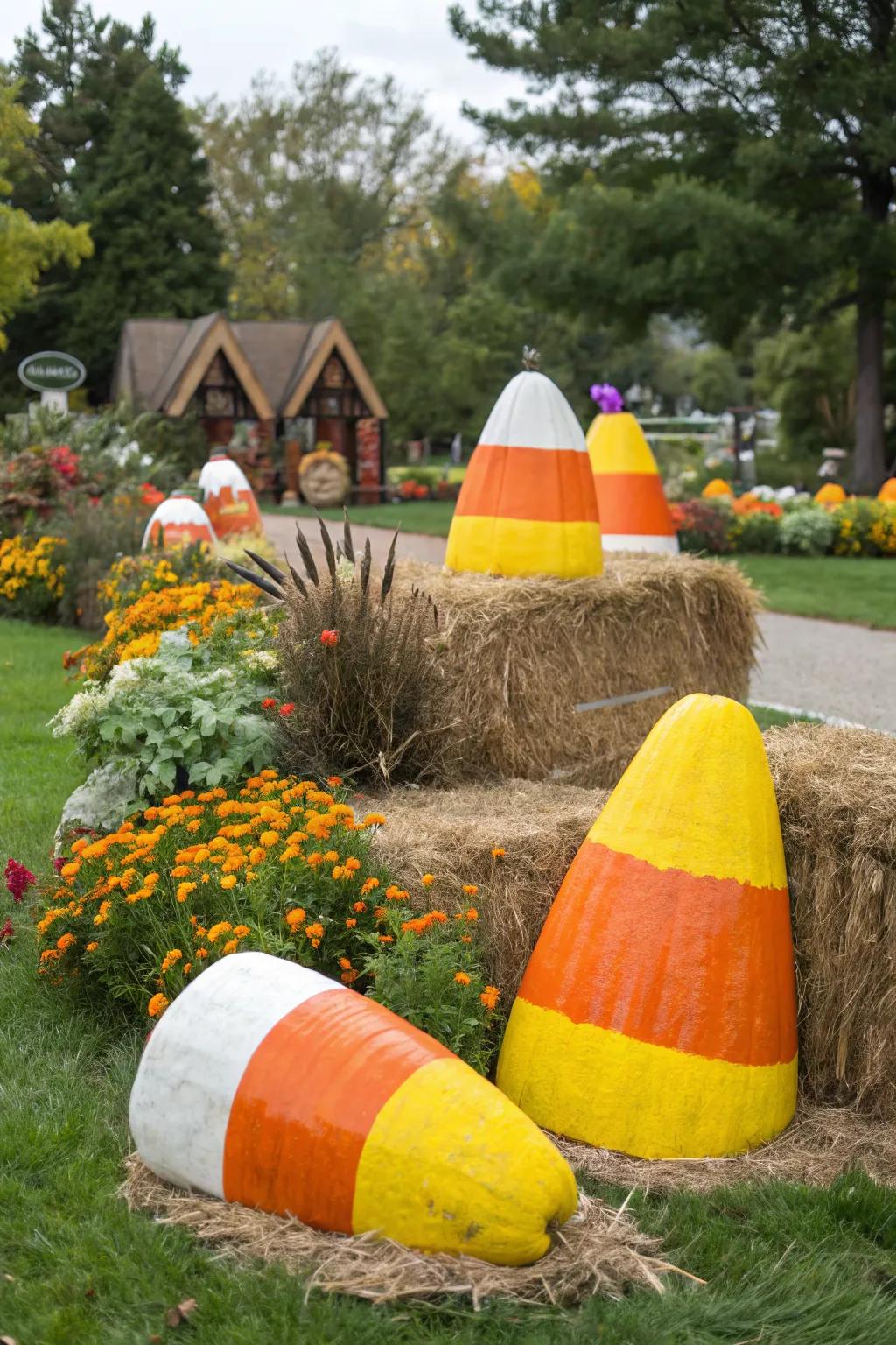 Sweeten up your Halloween decor with giant candy corn hay bales.